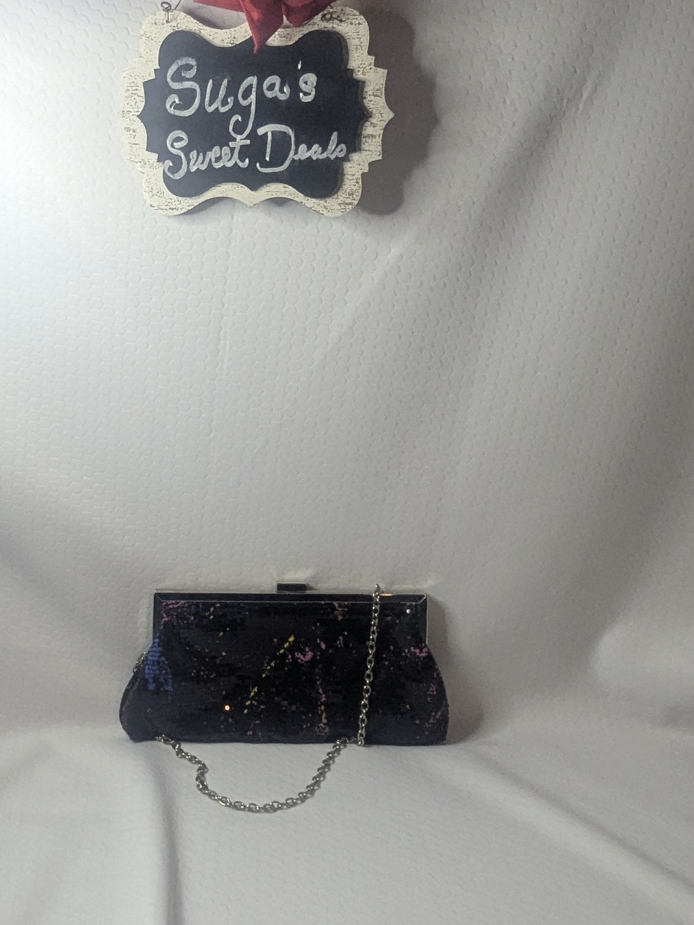 Jessica McClintock Black Sequin Evening Clutch with Multicolor Accents